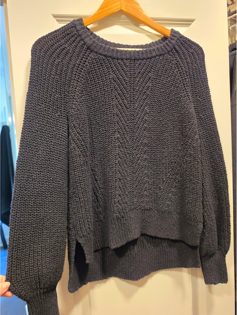 Madewell Black Cotton Cable-Knit Ribbed Crew Neck Raglan Pullover Sweater S